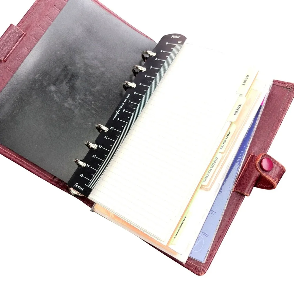 VTG Filofax Personal Organizer Planner Burgundy Leather 6 Ring Incerts Academia